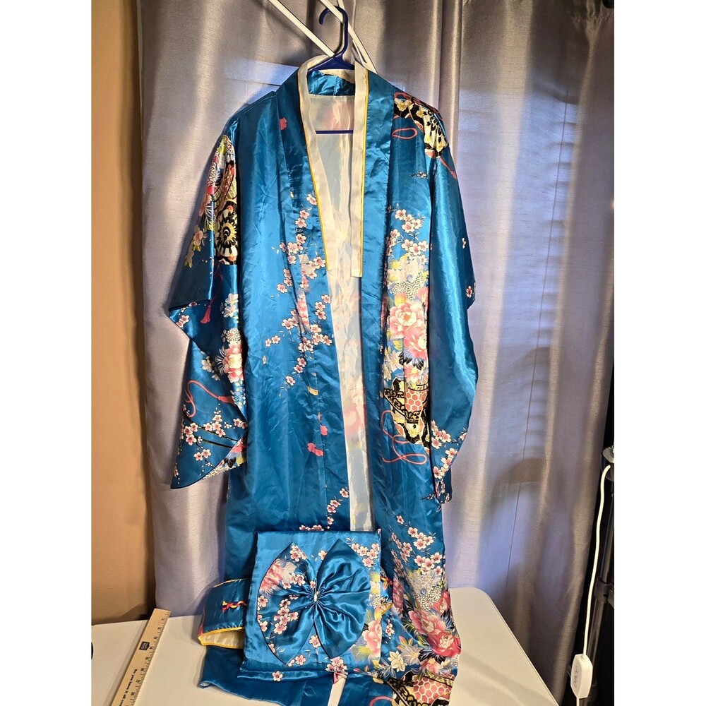 Women’s Blue Floral Satin Polyester Kimono Robe w/ Matching Belt size L